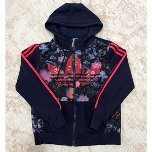 adidas Originals Floral Mesh Trefoil Full Zip Hoodie Navy Coral 3-Stripe Women's